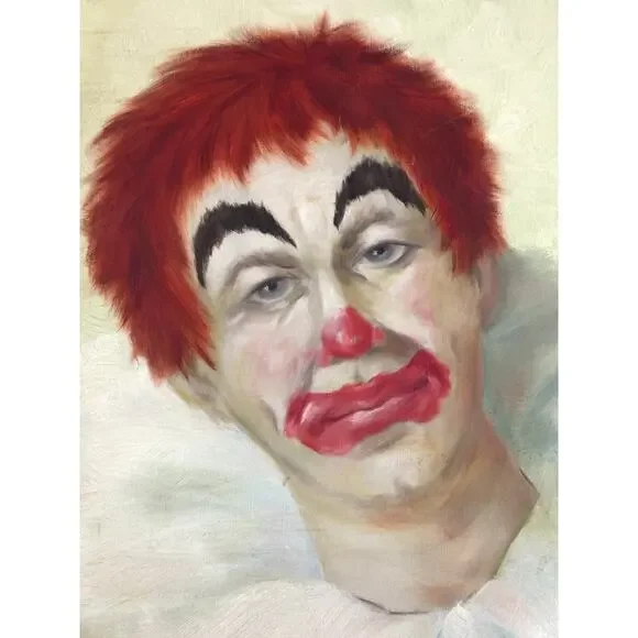 Vintage Signed Sad Clown Oil Painting by WREN ’79 Framed Original Artwork MCM